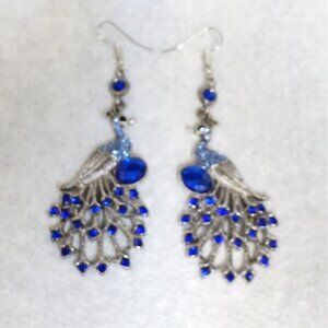 Peacock Earrings Dangle Blue Faux Rhinestone Silver Plating Metal 3.5" Length